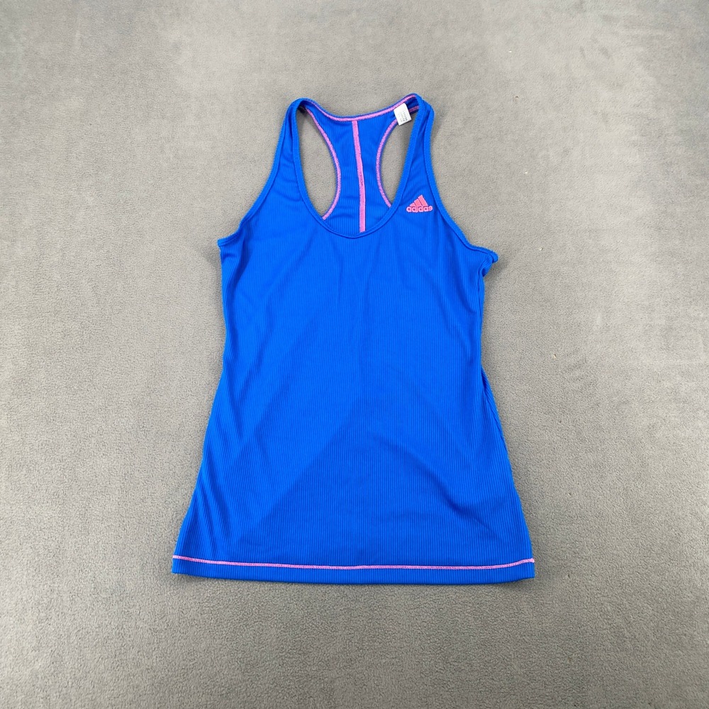 Adidas Womens Blue Ribbed Racerback Tank Top Pink Logo Size Medium Q21007